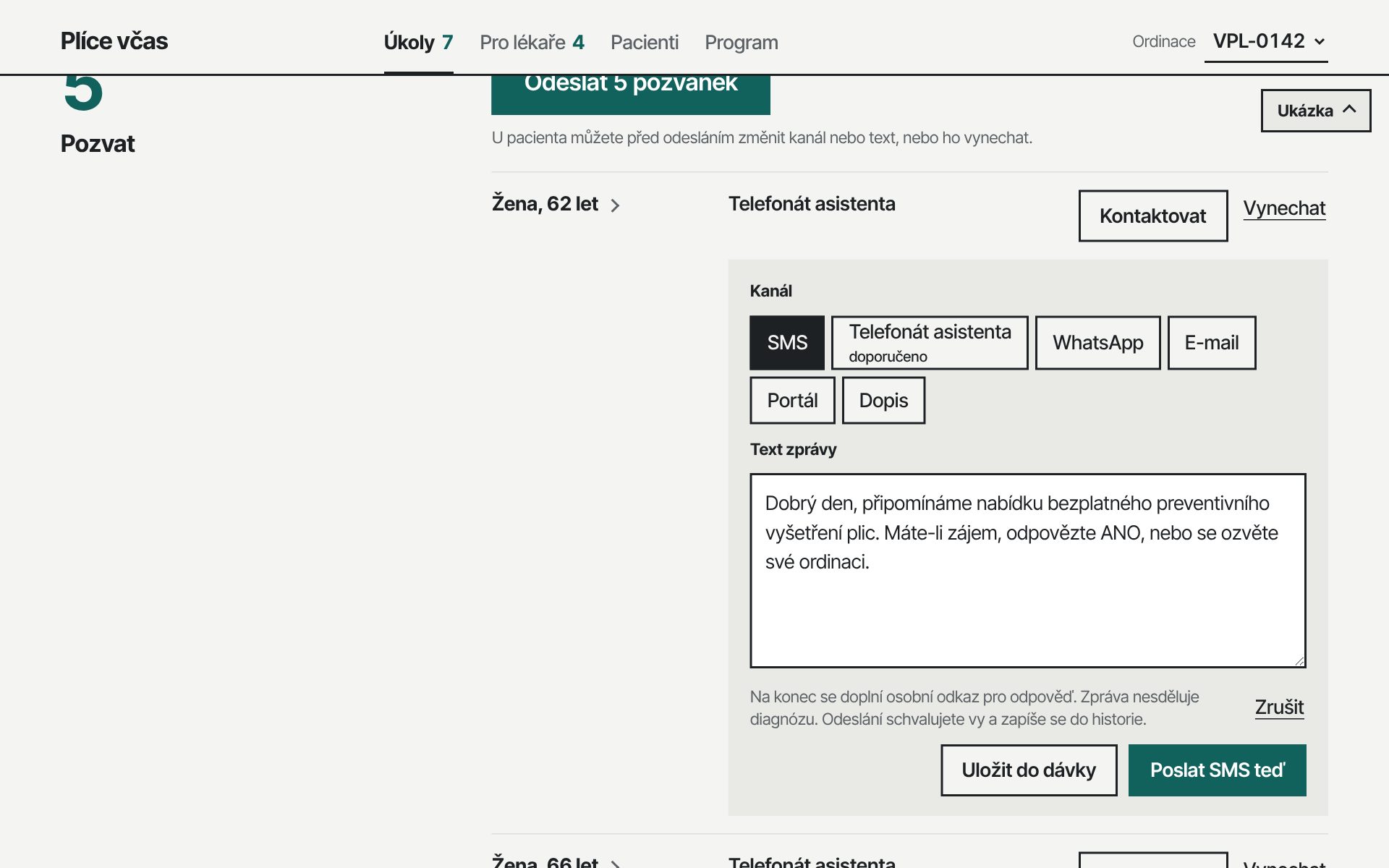 Kontaktování pacienta: výběr kanálu SMS, hovor, WhatsApp, e-mail a text zprávy jménem ordinace
